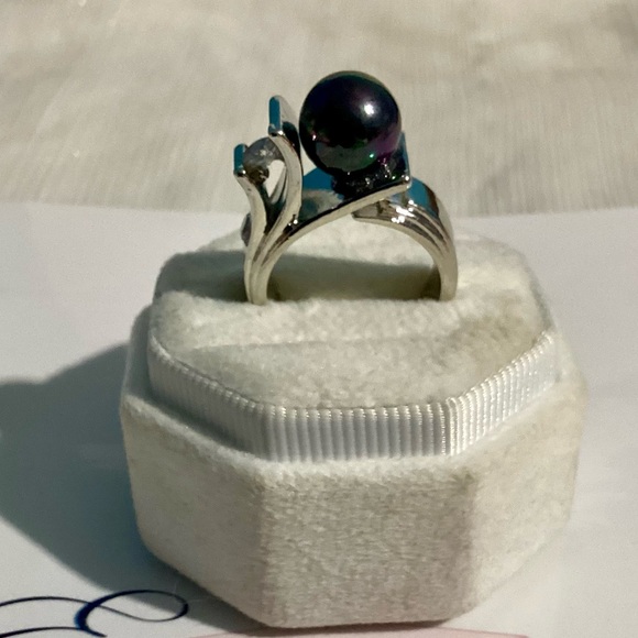 💋Gorgeous Sterling Silver Lux Black Rainbow Iridescent Tahitan Pearl & CZ ring - Picture 7 of 17